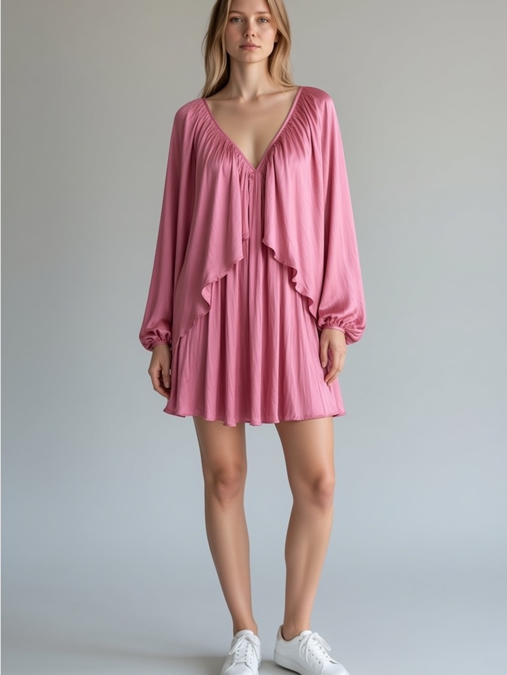 Strut & Bolt Flowing Pink Satin V-Neck Chemise with Draped Sleeves Dress